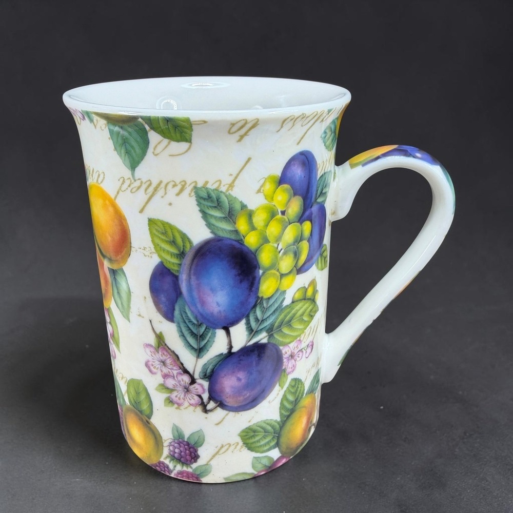 Kent Pottery Fruit Harvest Ceramic Mug Plums Pears Berries Botanical Script 4in